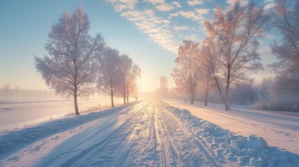 Obraz premium A snowy road with trees in the background. The sun is shining on the road, creating a warm and inviting atmosphere