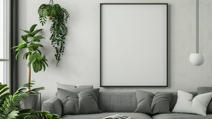ISO A Paper Size Frame Mockup: 3D Render of Modern Living Room Wall Poster