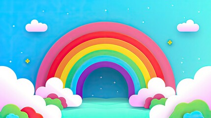 Colorful digital illustration of a rainbow with fluffy clouds against a bright blue sky, perfect for whimsical and cheerful designs.