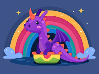Obraz premium Colorful unicorn dragon sitting on a pot with a rainbow background, illustration in a whimsical and magical style.