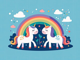 Cute illustration of two unicorns with a rainbow, clouds, and stars on a blue background, perfect for kids' designs and fantasy themes.