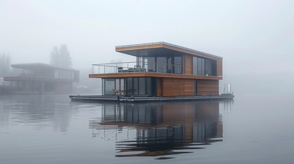 A panoramic view of a solarpowered floating house on a foggy morning highlighting the selfsustaining nature of this unique type of housing.