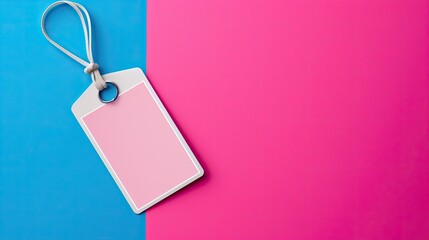 Pink luggage tag with a strap positioned against a vibrant blue and pink background. Ideal for travel, organization, and personalization themes.