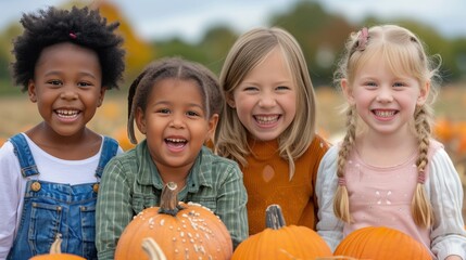 Diverse Little children picking pumpkins on Halloween pumpkin patch