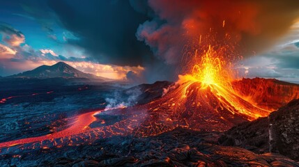 Stunning view of a volcano erupting with lava flowing down the mountainside under a dramatic sky at dusk.
