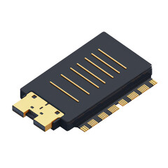 Isometric illustration of a computer chip and motherboard connector, representing modern technology and electronic components.