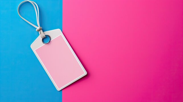 Pink luggage tag with a strap positioned against a vibrant blue and pink background. Ideal for travel, organization, and personalization themes.