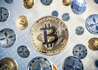 A nickel coin with the letter b in a closeup photo, surrounded by other coins