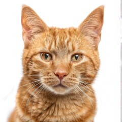 Front side close up of orange cat with a playful face expression, isolated white background.