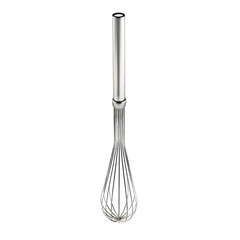 Stainless steel kitchen whisk isolated on white background, essential tool for baking and cooking tasks, perfect for mixing ingredients.