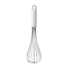 Stainless steel whisk with white handle, ideal for cooking and baking needs in the kitchen. Perfect for mixing ingredients efficiently.