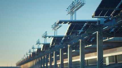 A row of solar panels installed on top of the stadiums entrance pillars blending into the architecture while providing a more ecofriendly source of energy.