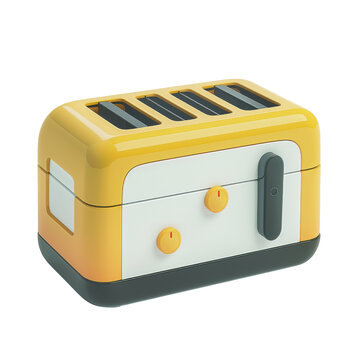 recommend clip art: Yellow and white 3D icon of a four-slot toaster with modern design, isolated on a transparent background.