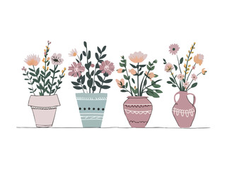 Four enchanting pastel flower pots in a row each a boho masterpiece in simple vector art