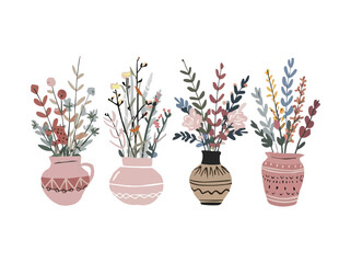 Four enchanting pastel flower pots in a row each a boho masterpiece in simple vector art