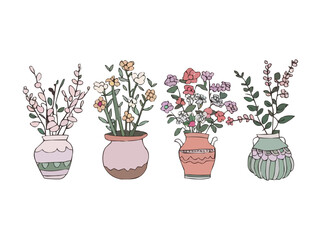 Four enchanting pastel flower pots in a row each a boho masterpiece in simple vector art