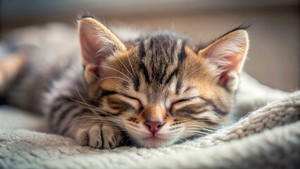 Fototapeta premium A Cute Tabby Kitten Is Sleeping Soundly On A Soft Blanket.
