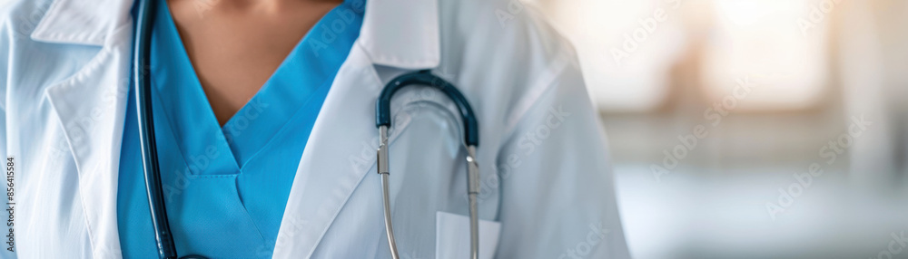 Wall mural A woman in a white lab coat with a stethoscope around her neck