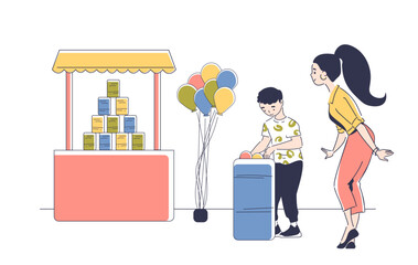 Knock down game. Woman with boy play in amusement park. Entertainment and fun. Carnival outdoor game of luck. Knock down tower and get prize. Linear vector illustration isolated on white background