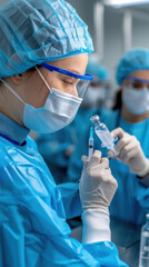 A woman in a blue lab coat is holding a syringe and giving a shot to a patient