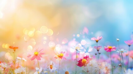 Colorful flower meadow with sunbeams and bokeh lights in summer - nature background banner with copy space - summer greeting card wildflowers spring concept