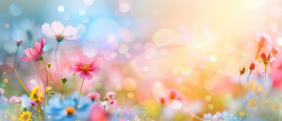 Naklejka premium Colorful flower meadow with sunbeams and bokeh lights in summer - nature background banner with copy space - summer greeting card wildflowers spring concept
