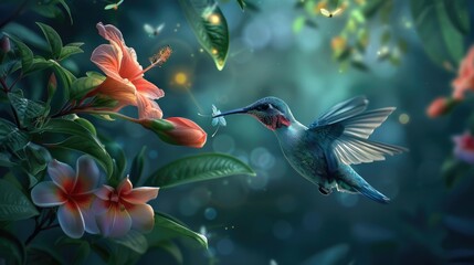 Fototapeta premium Hummingbird flying to pick up nectar from a beautiful flower. Digital artwork