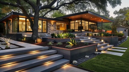 Obraz premium Modern house with beautiful landscape and outdoor lighting
