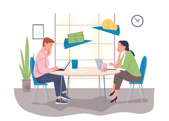 Money transfer concept. Man and woman with cashless transfers and transactions. Guy and girl with laptops send cash to each others. Linear vector illustration isolated on white background