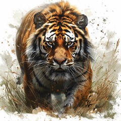 Striking depiction of tiger in its habitat.
