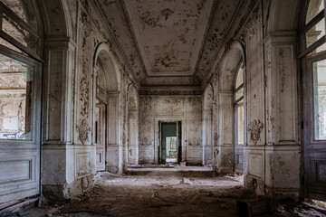 Old ruined abandoned Palace of the Grand Prince Mikhail Nikolaevich Romanov. Manor Mikhailovka in Peterhof