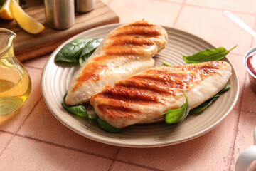 Plate with tasty grilled chicken breast and basil on pink tile background