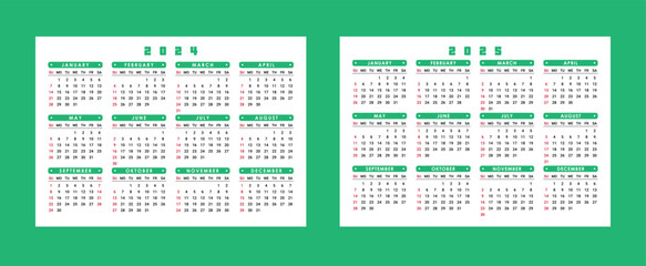 2024, 2025 years calendar. Week starts on Sunday. Pocket or wall calendars layouts. Simple planner template with 12 month. Yearly organizer. Vector illustration
