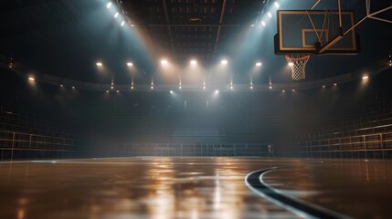 Empty Basketball Court in Arena with Dramatic Lighting, Generative AI