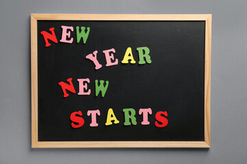 Chalkboard with text NEW YEAR NEW STARTS on grey background