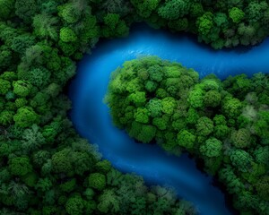 Naklejka premium Aerial view of a winding blue river surrounded by lush green forest, showcasing the beauty and tranquility of nature's landscape.