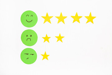 Rating smiles with stars on white background. Customer experience concept