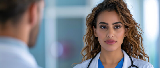 Fototapeta premium A woman in a white lab coat is talking to a man in a white shirt