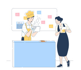 People at restaurant kitchen. Man and woman with saucepan with hot dishes. Catering occupation. Cook or chief prepare eating for clients. Linear vector illustration isolated on white background