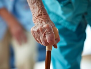 An elderly woman holding a walking stick with her other hand. AI.
