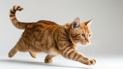 Studio photograph of a striped ginger cat in motion on white floor