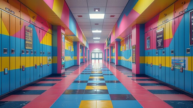 A nostalgic 90s school hallway with lockers decorated in bright colors, posters with big punchy text, and abstract geometric patterns. The colors include blue, pink, and yellow. Illustration,