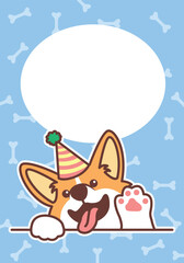 Cute corgi dog with party hat waving paw cartoon greeting card, vector illustration