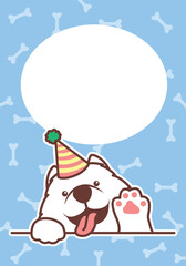 Cute samoyed dog with party hat waving paw cartoon greeting card, vector illustration