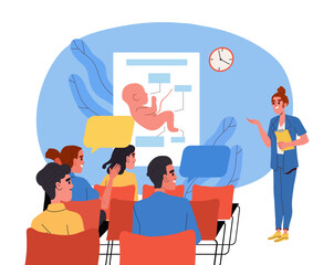 Study of baby development. Men and women sitting in lecture at doctors office. Anatomy and biology of embryo. Motherhood and childbirth. Cartoon flat vector illustration isolated on white background