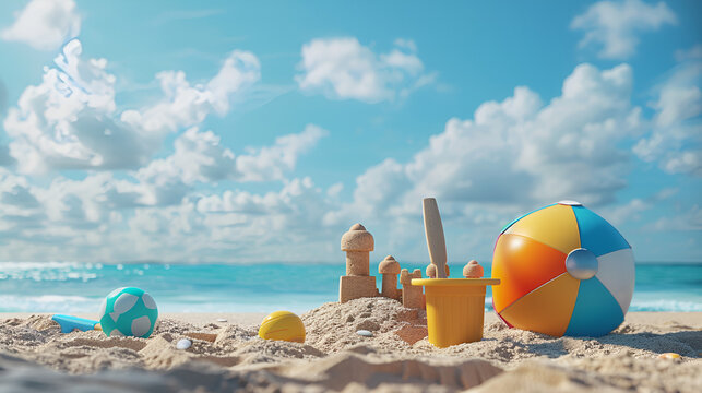fondo en la playa en un dia soleado con elementos y objetos infantiles para disfrutar en la playa haciendo un castillo de arena