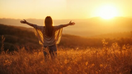 Woman with outstretched arms in a field at sunset