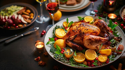 Freshly cooked roast chicken and turkey on a festive table, AI Generative