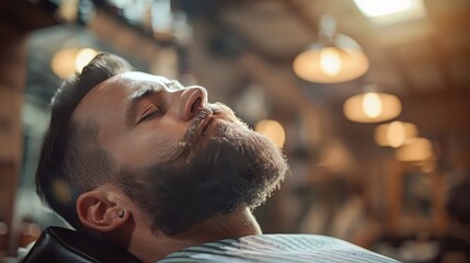 Bearded Man Relaxing in Barber Shop with Warm Lighting Ambiance