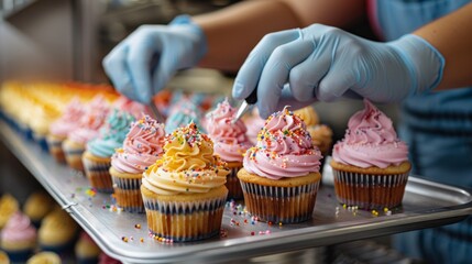 Baker Decorating Colorful Cupcakes with Frosting and Sprinkles